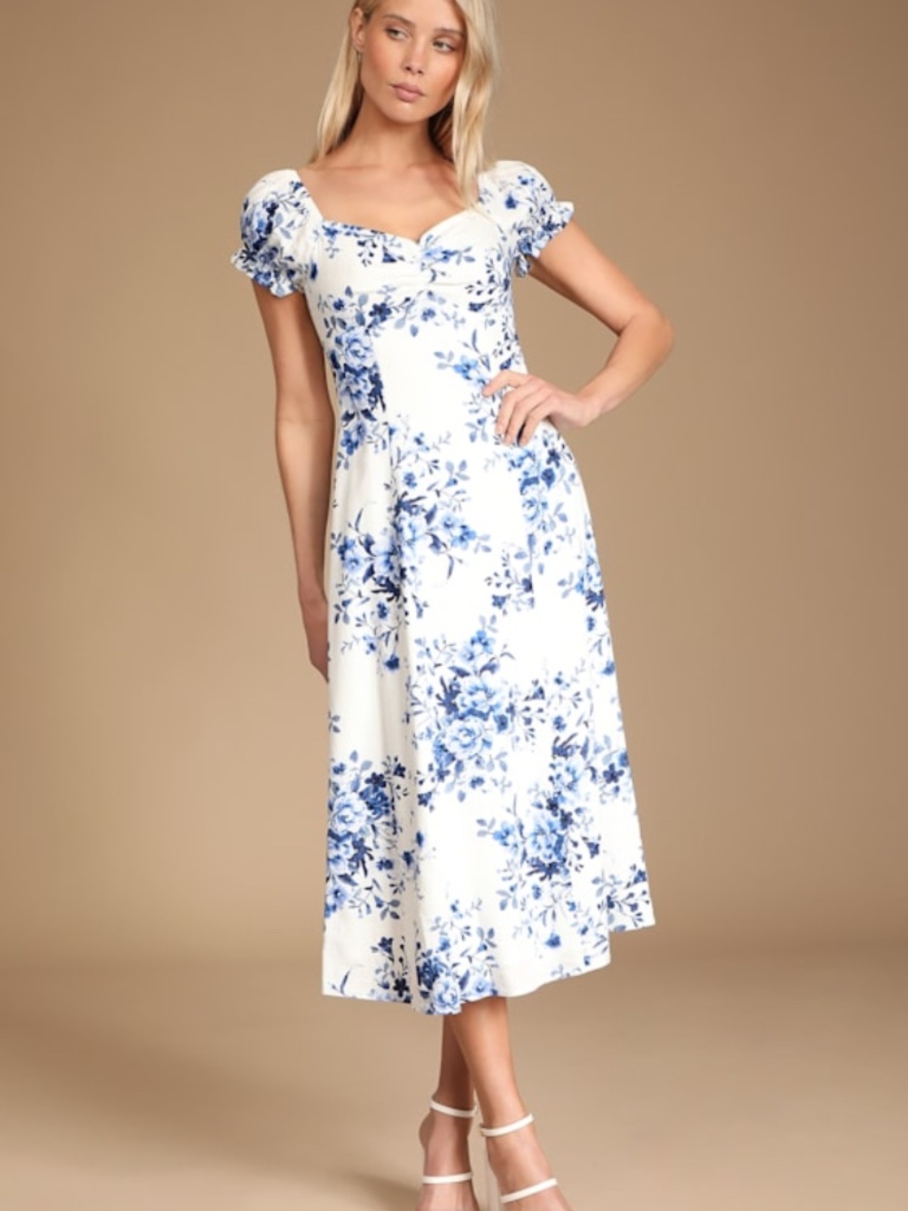 Lulus Beautiful Days White Floral Print Puff Sleeve Midi Dress - Size M